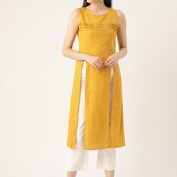 An Episode Women Mustard Yellow Solid High-Slit Longline Tunic-picture-7