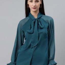 plusS Teal Blue Solid Tie-Up Neck Top with Dobby Weave Detail-image-45