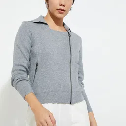 max Women Spread Collar Solid Casual Bomber Jacket-image-9