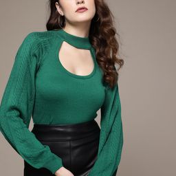 bebe Women Emerald Green All Day Cable Knit Puff Sleeves Choker Neck Pullover-image-92