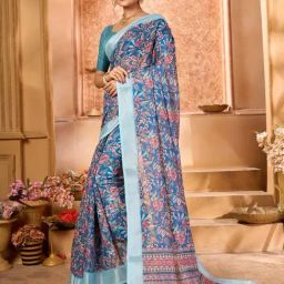 Varanga Blue Floral Print Saree With Unstitched Blouse-picture-35