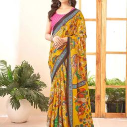 Satrani Yellow Pure Cotton Printed Saree With Unstitched Blouse-image-38