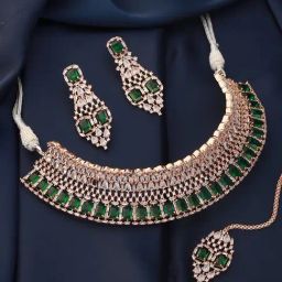Saraf RS Jewellery Rose Gold Plated Green AD Studded Bridal Choker Jewellery Set-48