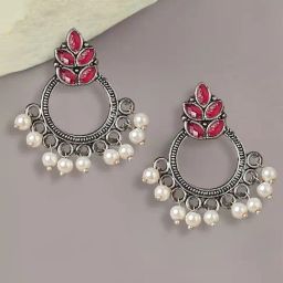 OOMPH Oxidized Silver Ethnic Small Maroon Stone & Pearls Floral Design Drop Earrings-image-75
