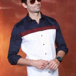 Almaty White Cotton Slim Fit Colour Block Shirt-image-89
