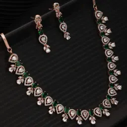 Saraf RS Jewellery Rose Gold Plated Green AD Studded Floral Jewellery Set-image-100