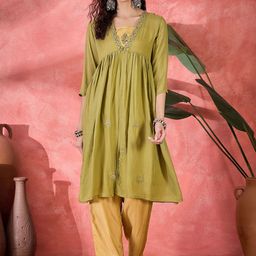 Sangria Women Embroidered V-Neck Kurta With Trouser Set-image-65
