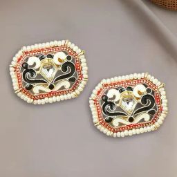OOMPH White & Red Meenakari Enamel Rectangle Indo Western Design Stud Earrings-17