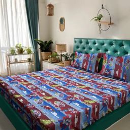Klotthe Blue Cotton Printed 400 TC King Flat Bedsheet with 2 Pillow Covers-picture-8
