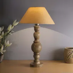 Homesake Beige Hand Turned Wooden Bedside Bubble Table Lamp with Golden Shade - Set of 1-5