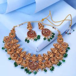 Saraf RS Jewellery Gold Plated Kemp Stone Studded Peacock Motif Bridal Choker Jewellery Set-image-48