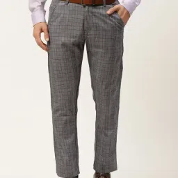 Sojanya Grey Cotton Regular Slim Fit Checks Flat Front Trousers-image-89