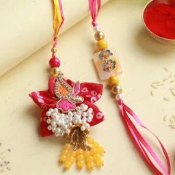 Priyaasi Floral Beaded Pink & Yellow Lumba and Rakhi Set with Roli Chawal-image-58