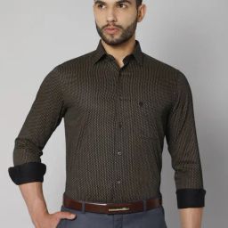 Cantabil Black Satin Regular Fit Printed Shirt-image-6