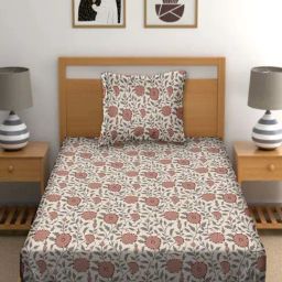 BELLA CASA Cuddle Floral Beige & Brown 150 TC Cotton Bedsheet with 1 Pillow Cover-image-15