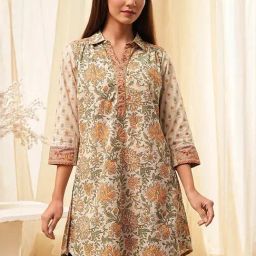 Biba Beige Cotton Floral Printed Kurti-image-81