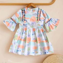 Bella Moda Girls White Cotton Three Fourth Sleeves Floral Printed Bow Applique Dress-image-68