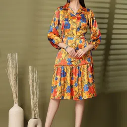 plusS Women Floral Printed Puff Sleeve Fit & Flare Dress-image-5
