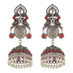 Aatmana Red Stone-Studded & Pearl Beaded Peacock Shaped Temple Jhumki Earrings image 3