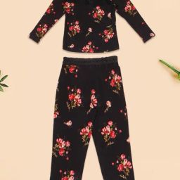 Cutecumber Girls Black Floral Print Full Sleeves T-Shirt with Pyjamas-image-29
