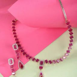 Saraf RS Jewellery Rose Gold Toned Ruby Pink AD Studded Minimal Jewellery Set-16