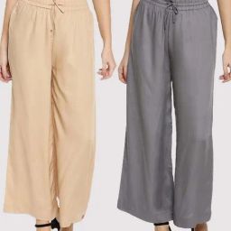 TWIN BIRDS Beige & Grey Mid Rise Palazzos - Pack Of 2-image-73