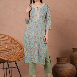 Fashor Green Cotton Floral Three-Quarter Sleeves Kurta-image-32