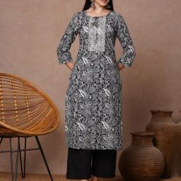 Fashor Black Pure Cotton Printed Three-Quarter Sleeves Kurta-image-5