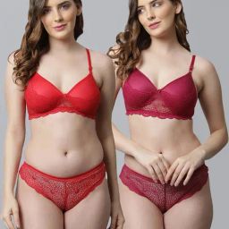 AROUSY Red & Maroon Cotton Self Pattern Bra Panty Set - Pack Of 2-image-69