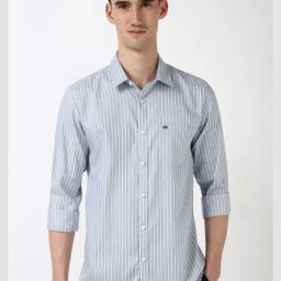 Peter England Grey Cotton Slim Fit Stripes Shirt-picture-47