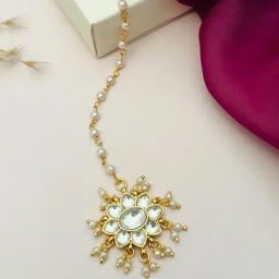 Abdesigns Gold-Tone Plated Pachi Kundan Studded Maang Tikka Headpiece-image-69