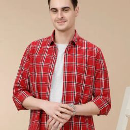 CAVALLO by Linen Club Red Linen Blend Slim fit Checks casual shirts-image-50