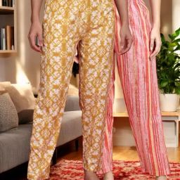 Kryptic Mustard & Pink Cotton Relaxed Fit Printed Lounge Pants - Pack of 2-image-80