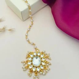 Abdesigns Gold-Tone Plated Pachi Kundan Studded Maang Tikka Headpiece-image-91