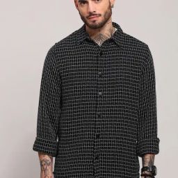 Showoff Black Cotton Regular Fit Checks Shacket-30