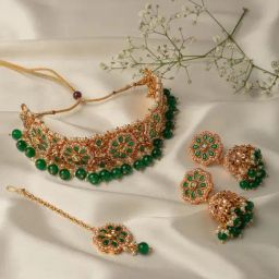 Zaveri Pearls Green Stones & Beads Wedding Collection Necklace Earring & Maangtikka Set-ZPFK10166-42