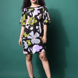 PURVAJA Black Floral Half Sleeves A Line Dress-image-113