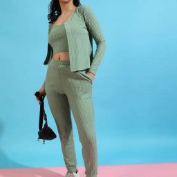 Campus Sutra Green Striped Crop Top Pant Set With Jacket-47