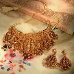 Saraf RS Jewellery Gold Polish Red Stone Enchanting Radha Krishna Choker Jewellery Set-image-3