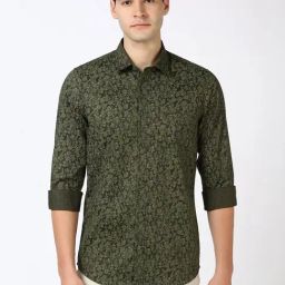 Peter England Green Cotton Slim Fit Floral Print Shirt-picture-23