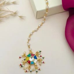 Abdesigns Gold-Tone Plated Pachi Kundan Studded Maang Tikka Headpiece-image-16