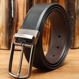 Louis Stitch Black Textured Leather Reversible Belt for Men-image-97