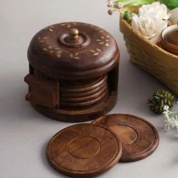 Aapno Rajasthan Brown Wooden Coaster with Holder Set-20