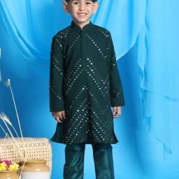 VASTRAMAY Boys Green Embroidery Full Sleeves Kurta Sets-image-95