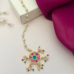Abdesigns Gold-Tone Plated Pachi Kundan Studded Maang Tikka Headpiece-image-63