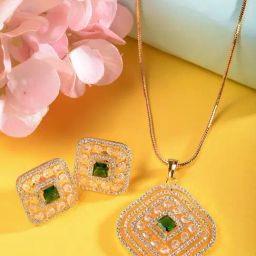 Saraf RS Jewellery Gold Toned Green AD Embellished Designer Pendant & Earrings Set-image-85