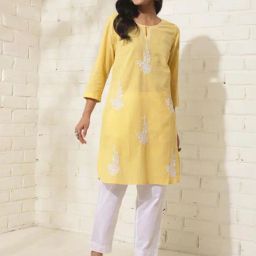 Fabindia Yellow Cotton Chikankari Mid Short Kurta-picture-24