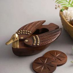 Aapno Rajasthan Brown Wooden Coaster with Holder Set-23