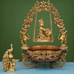 Ekaa Handicrafts Brass Krishna Urli With Diya-picture-12