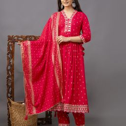 NISHABD Ethnic Motifs Woven Design V-Neck Anarkali Kurta with Trousers &  Dupatta-image-3